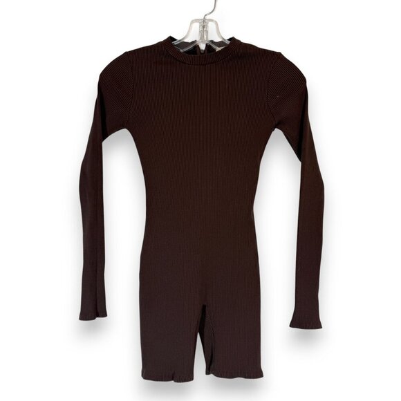 La Luxe Romper Jumpsuit Brown Ribbed Long Sleeve Small - Picture 1 of 7